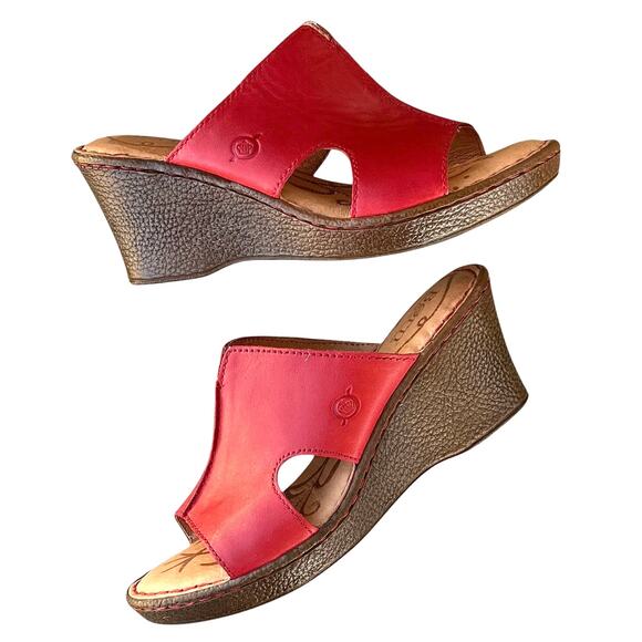 Born Wedge Slide Sandals  Red Leather Size 7M - Picture 2 of 9